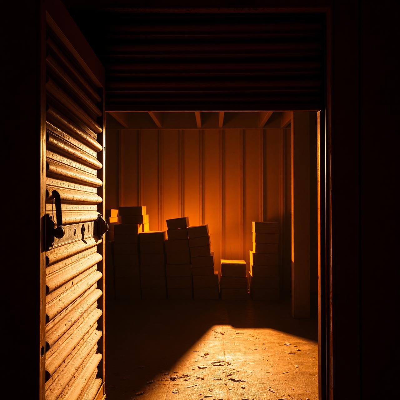 Porta de storage abandonado entreaberta com luz dourada revelando caixas